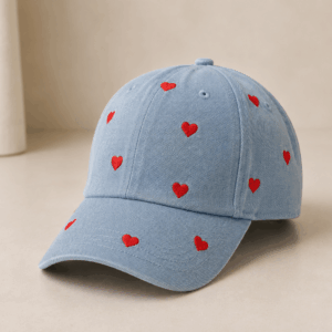 Pet met Geborduurde Hartjes, Kersjes & Madeliefjes - Blauw