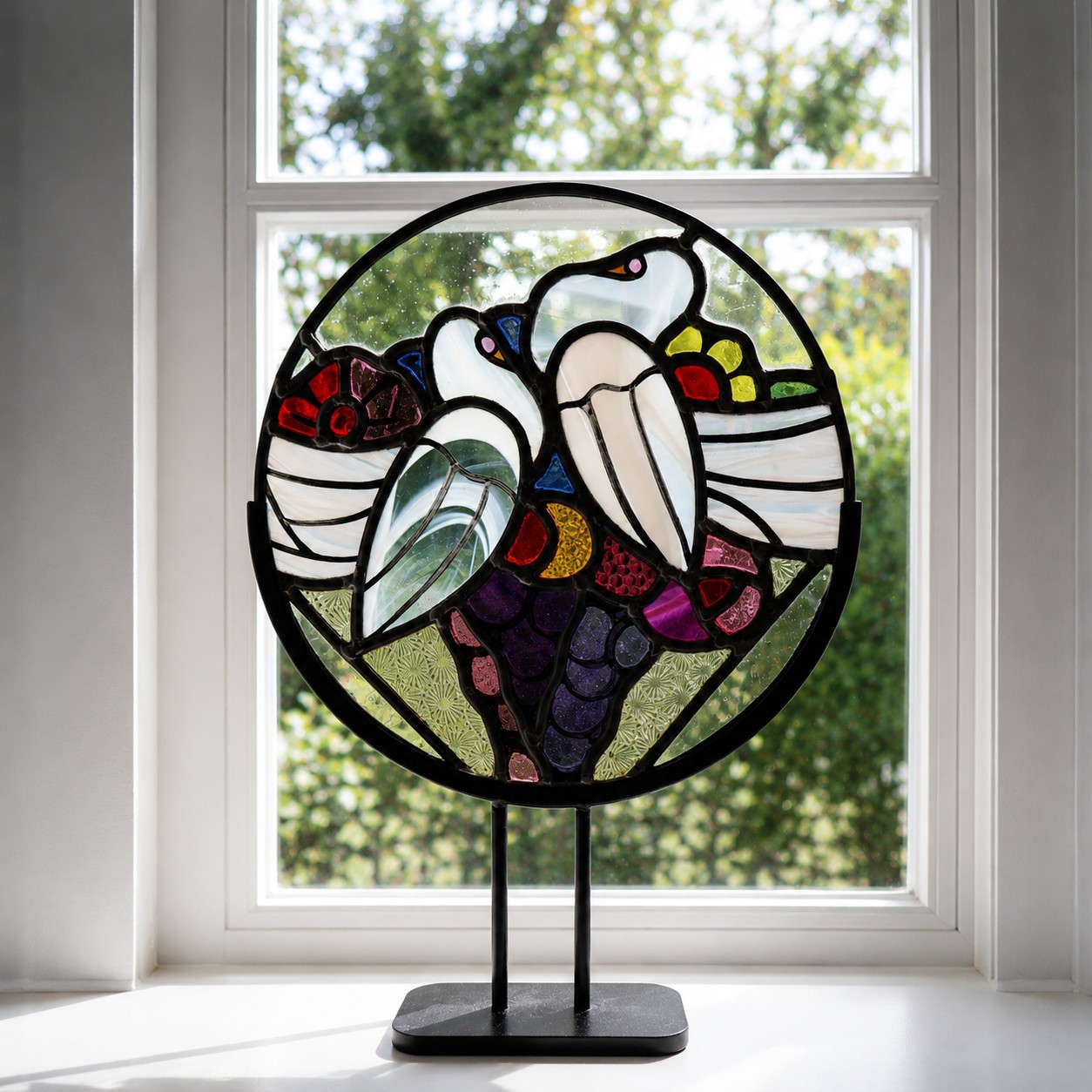 Handgemaakt glas in lood kunstwerk met twee duifjes op zwarte standaard voor het raam.