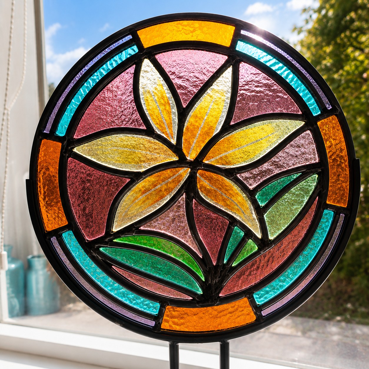 Kleurrijke glas-in-looddecoratie met gele bloem voor een raam