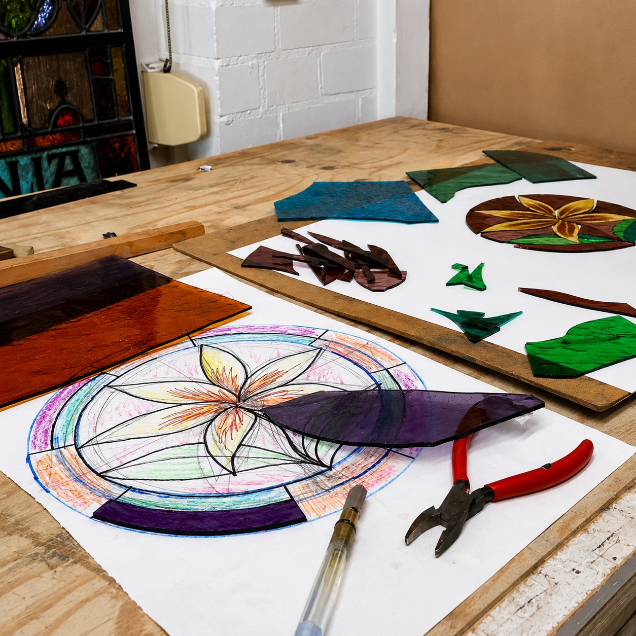Ontwerptekening en losse glasdelen van de glas-in-looddecoratie met gele bloem