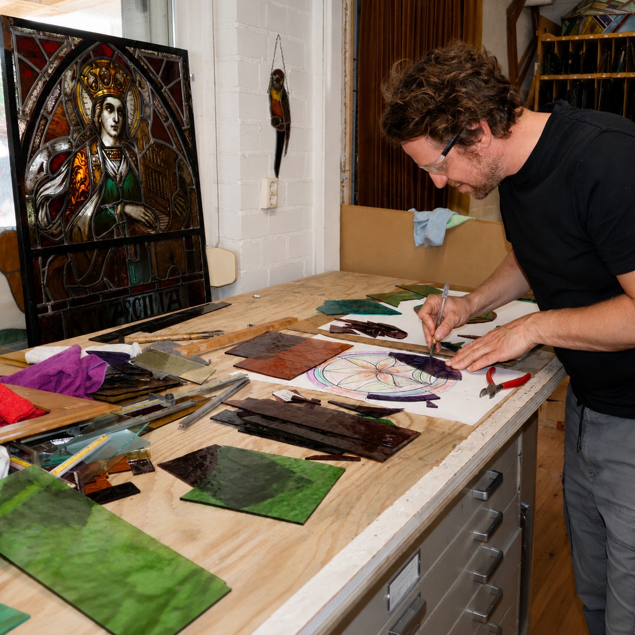 Atelier Geert Cooijmans tijdens het maken van de glas-in-looddecoratie