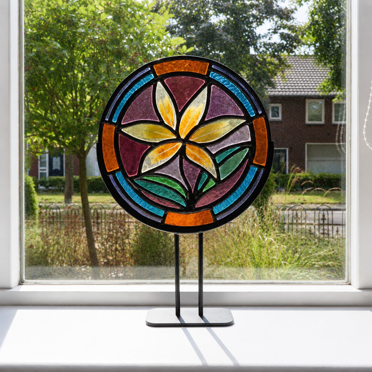 Detail handgemaakte glas-in-looddecoratie met gele bloem en gekleurd glas