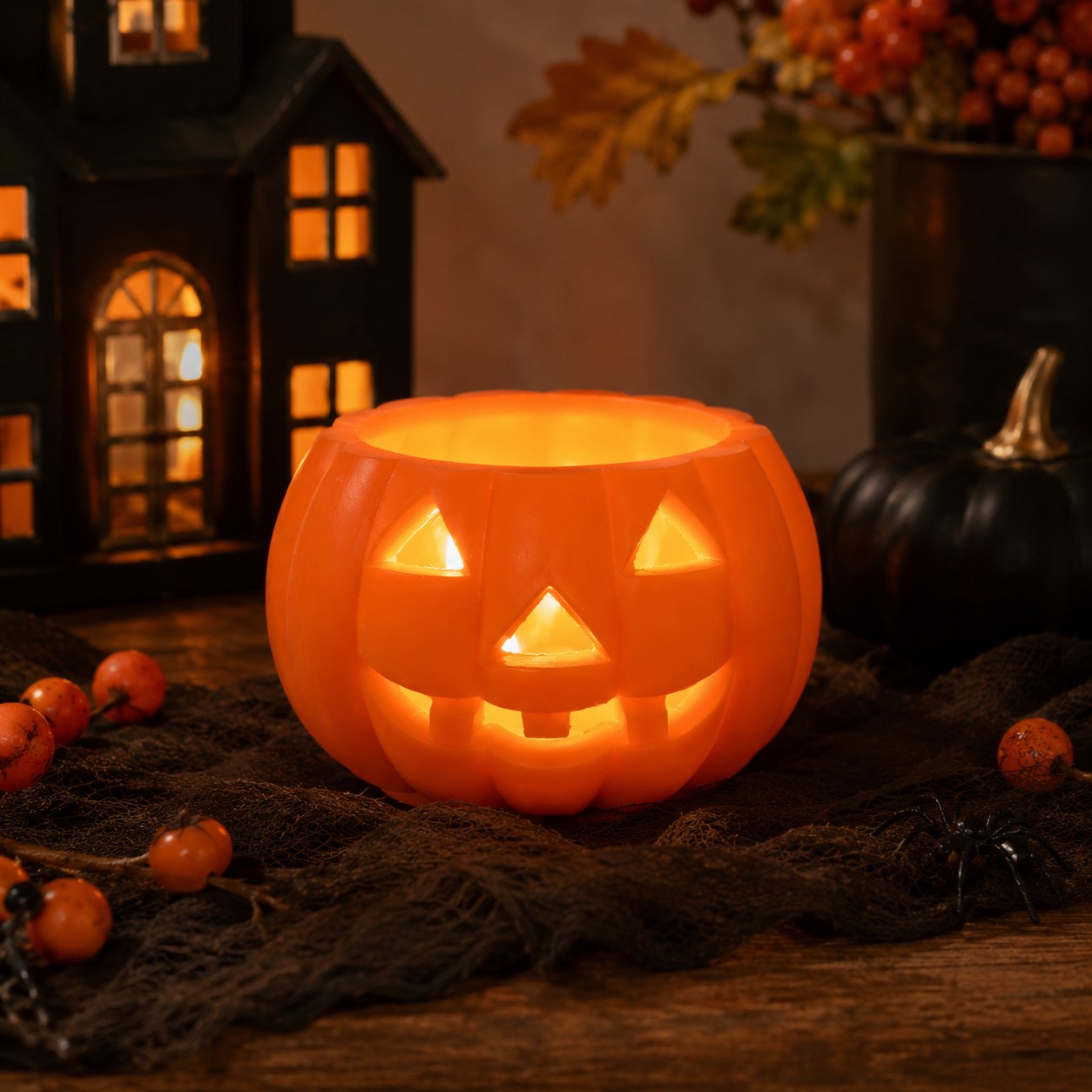 Halloween pompoen kaars met brandend waxinelichtje in sfeervolle Halloween decoratie