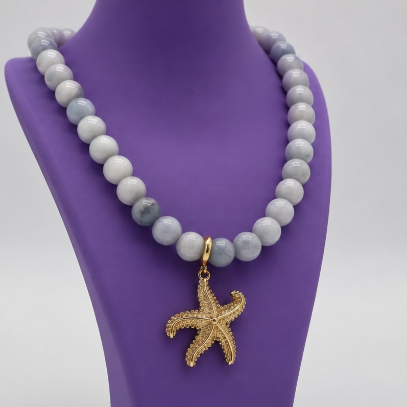Jade Kralenketting Mistgrijs met Goudkleurige Zeester - Afbeelding 4