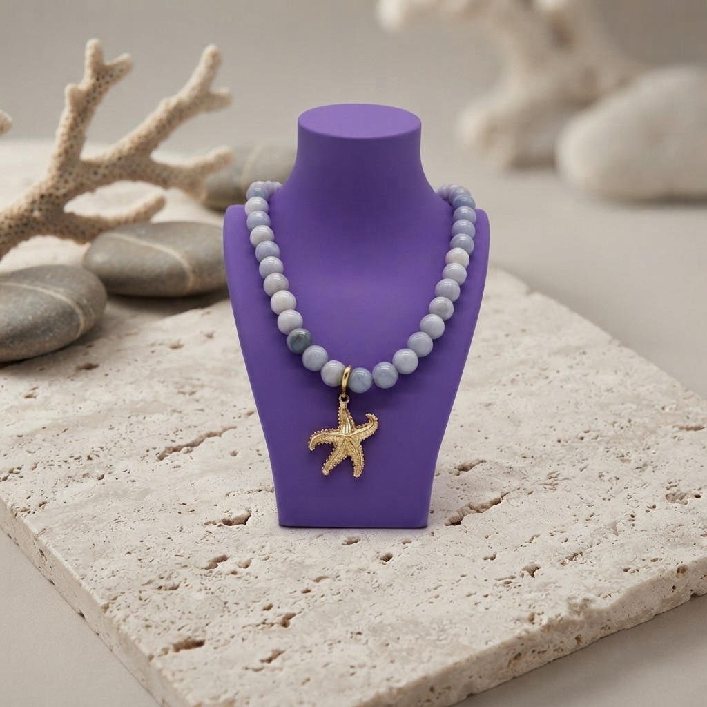 Jade Kralenketting Mistgrijs met Goudkleurige Zeester