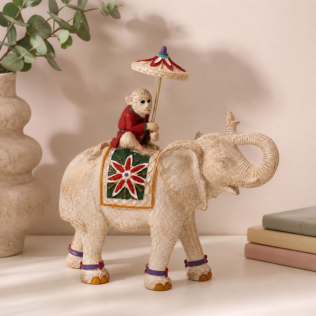 Decoratief Beeld Olifant met Aap en Parasol