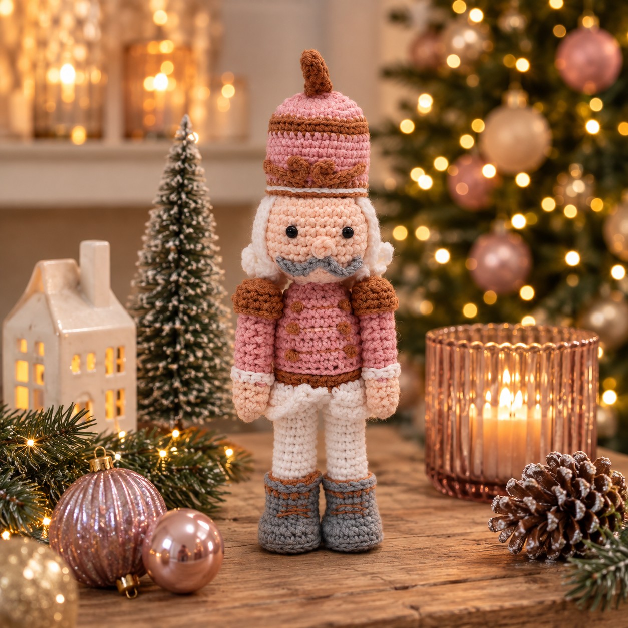 Gehaakt kerst soldaatje in roze met kerstboom, kerstballen en sfeervolle kerstverlichting.