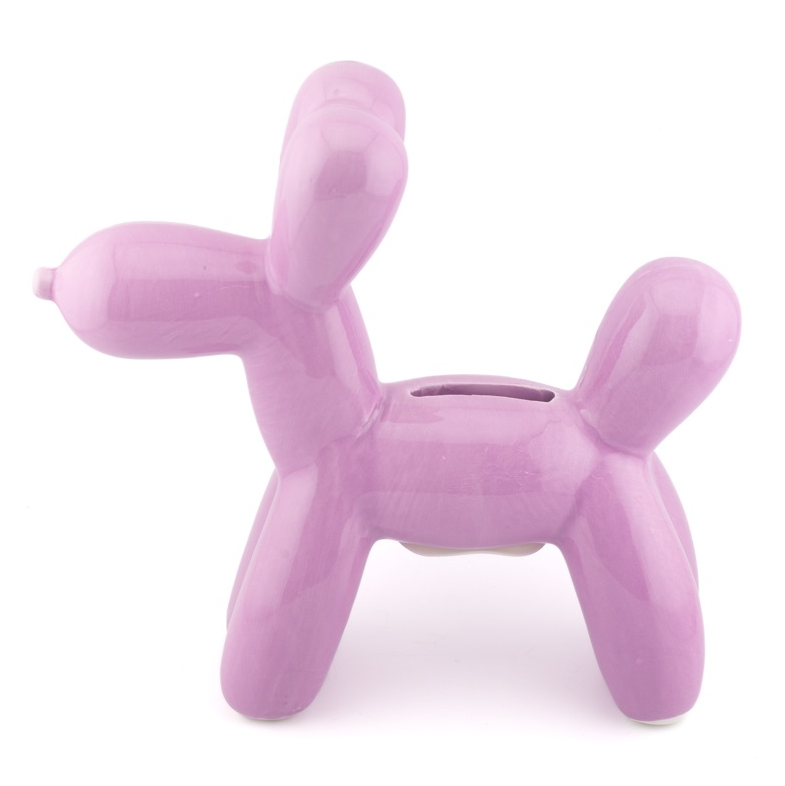 Zijkant paarse balloon dog spaarpot