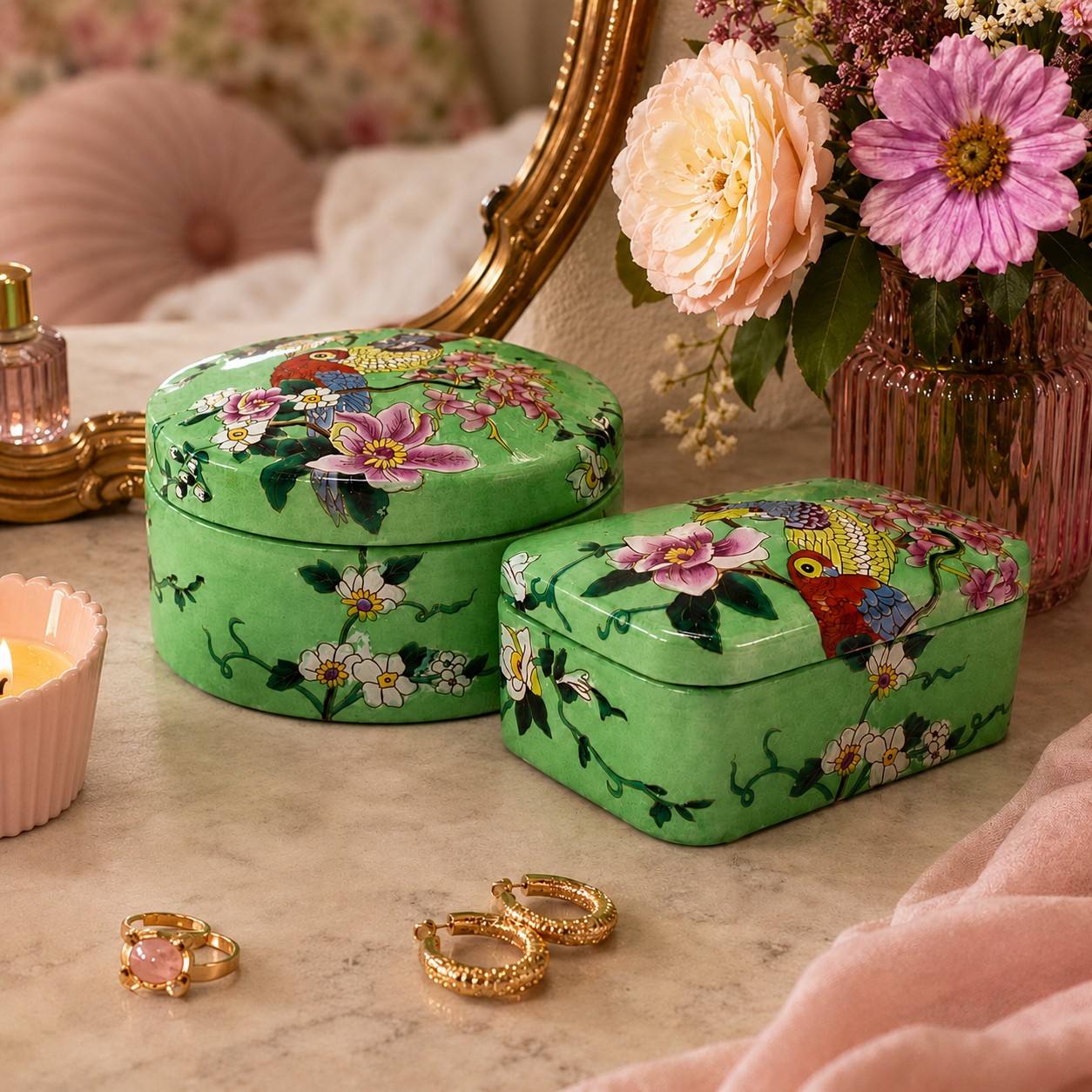 Set Vintage Sieradendoosjes met Vogels en Bloemen - Afbeelding 6