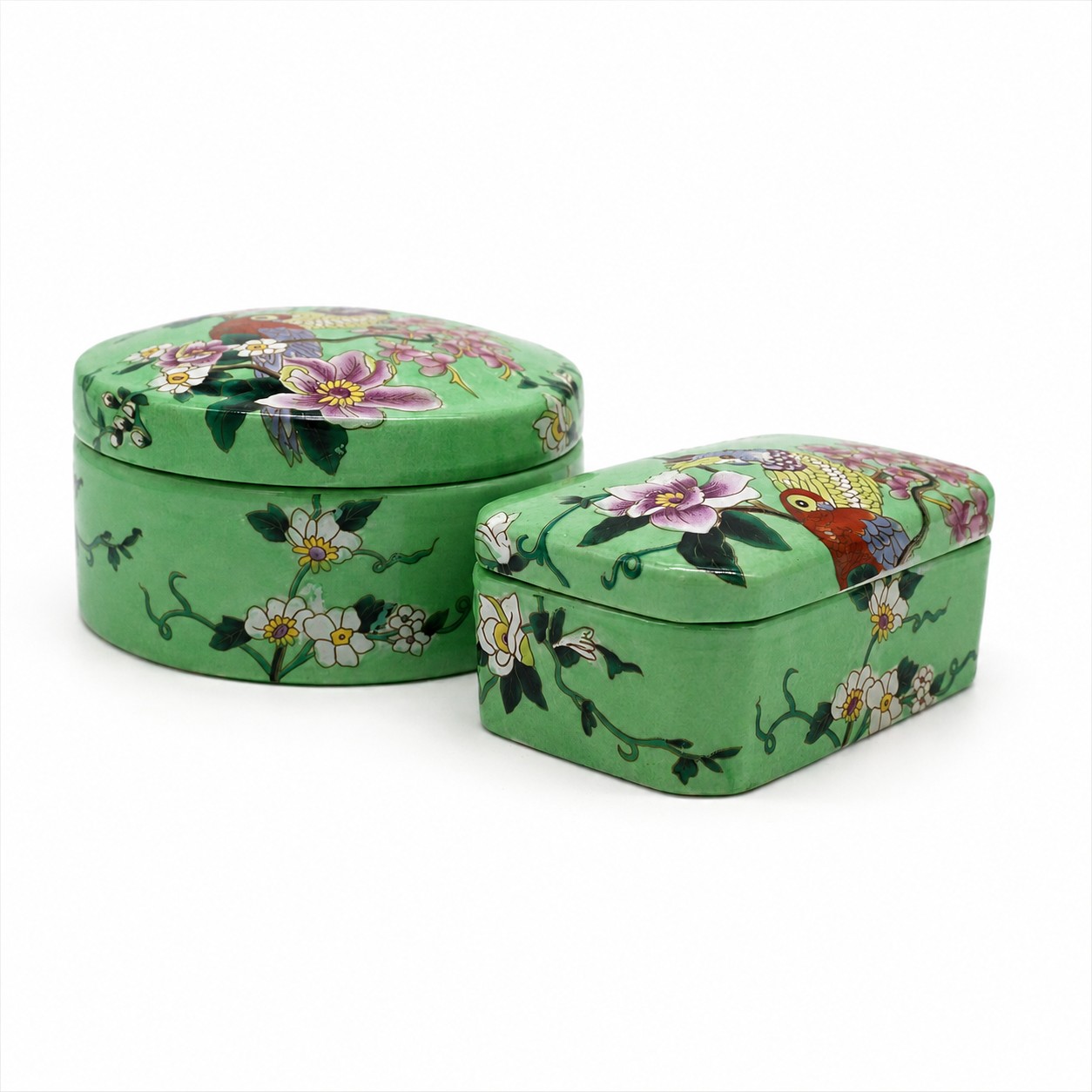 Set vintage sieradendoosjes met vogels en bloemen