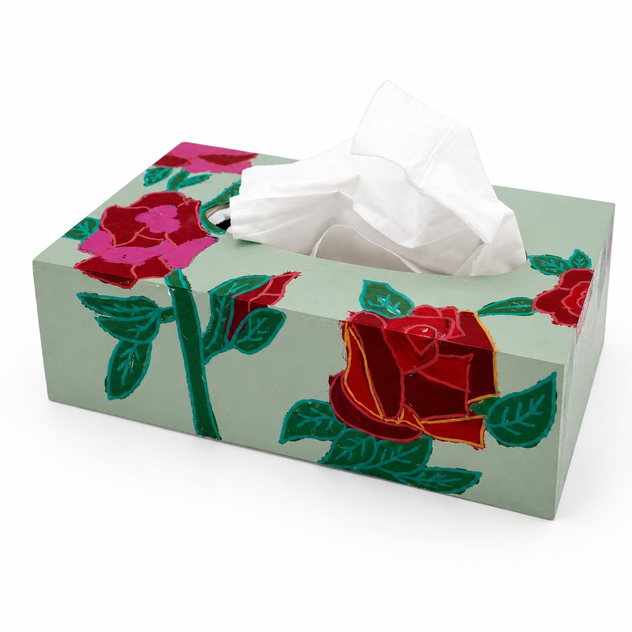ArtORO Handbeschilderde Tissuebox Mintgroen met Rozen - Afbeelding 2