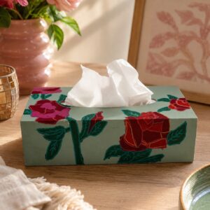 Handbeschilderde mintgroene ArtORO tissuebox met rood roze rozen