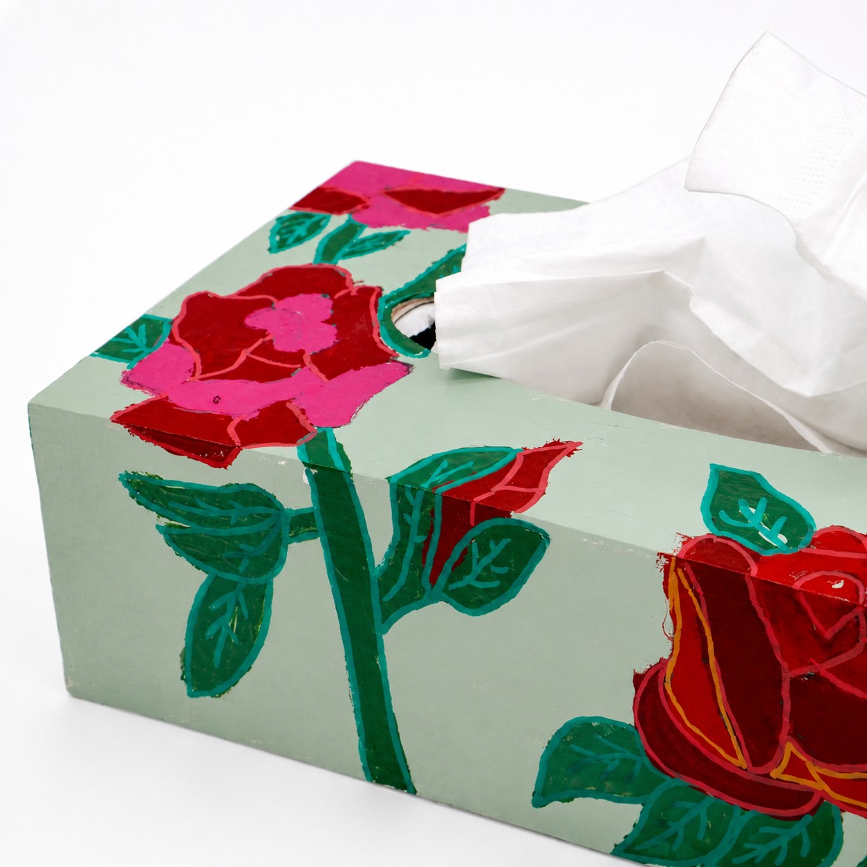 ArtORO Handbeschilderde Tissuebox Mintgroen met Rozen - Afbeelding 5