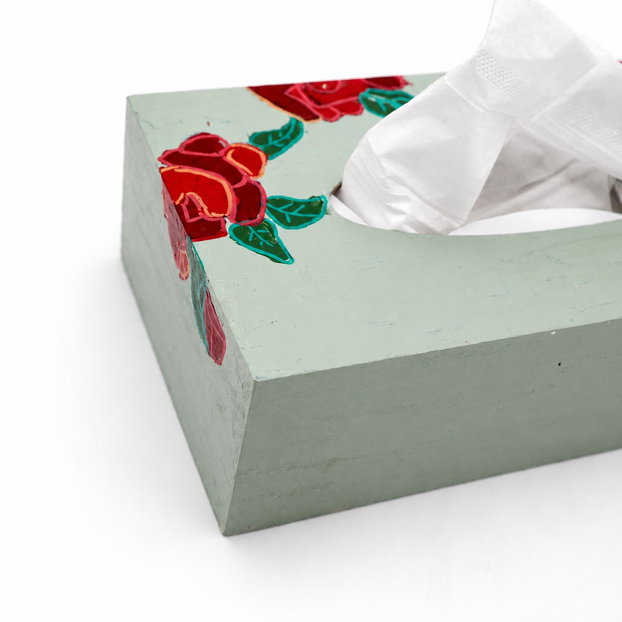 ArtORO Handbeschilderde Tissuebox Mintgroen met Rozen - Afbeelding 3