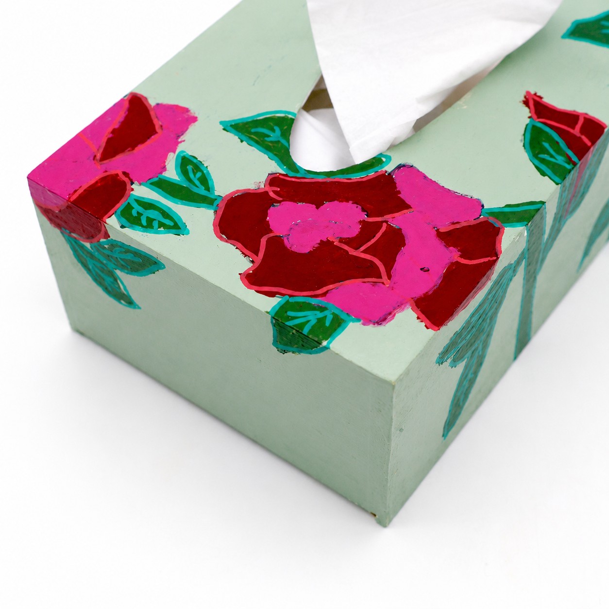 ArtORO Handbeschilderde Tissuebox Mintgroen met Rozen - Afbeelding 4