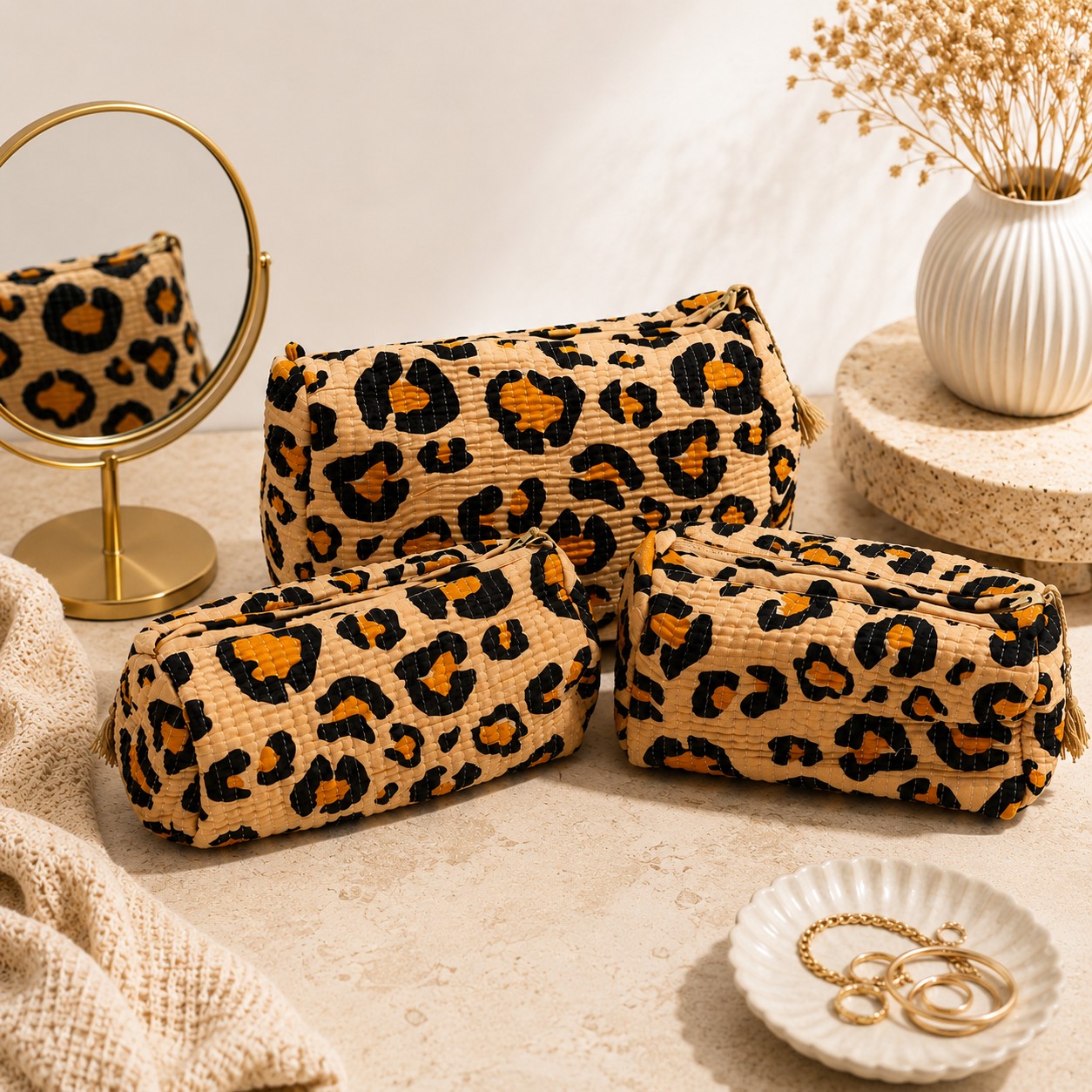 Gewatteerde Toilettasset 3-delig – Beige Panter
