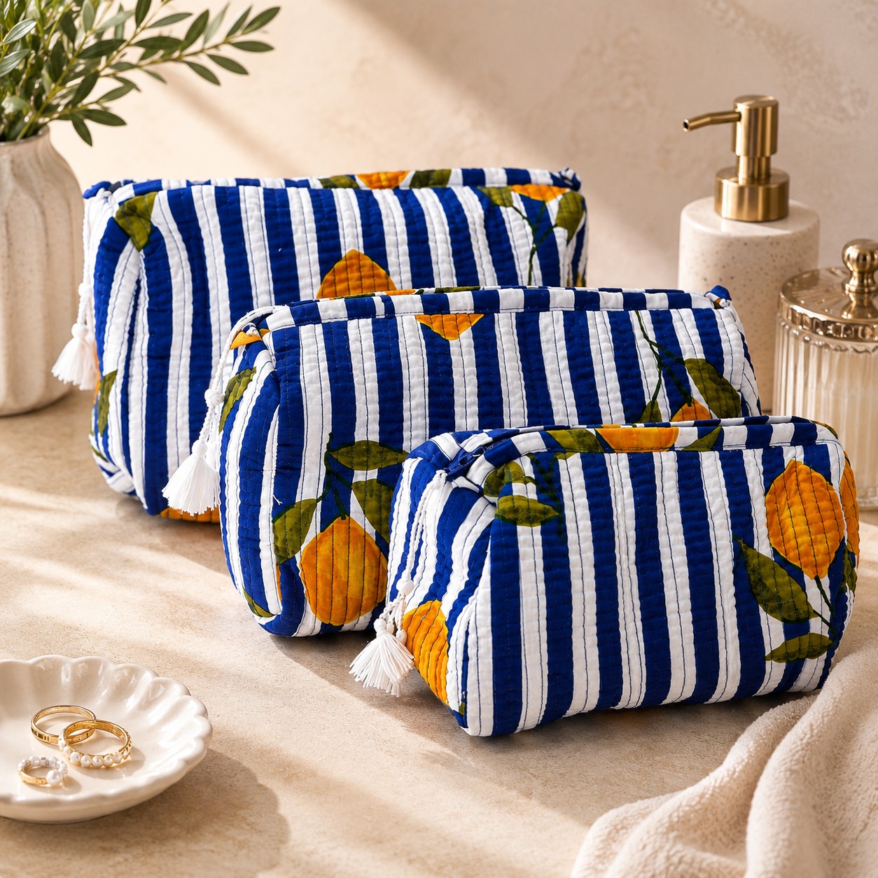 Gewatteerde Toilettasset 3-delig – Blauw Wit Citroen