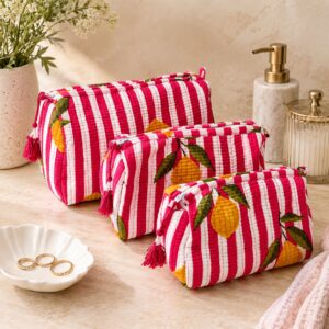 Gewatteerde Toilettasset 3-delig – Roze Wit Citroen